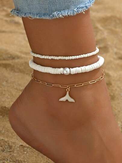 3pcs/Set Fashion Pearl Beaded Soft Clay Anklet, Minimalist Heart Shape Faux Pearl White Mermaid Tail Decor, Suitable For Women Daily Wear And Beach Holiday