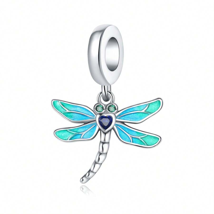 CYMYSS 1件优雅925镀银+镶嵌立方氧化锆蓝渐变翅膀和心形蓝宝石蜻蜓吊坠，女士情人节/生日/日常佩戴礼物 - 彩色 - 查看 1