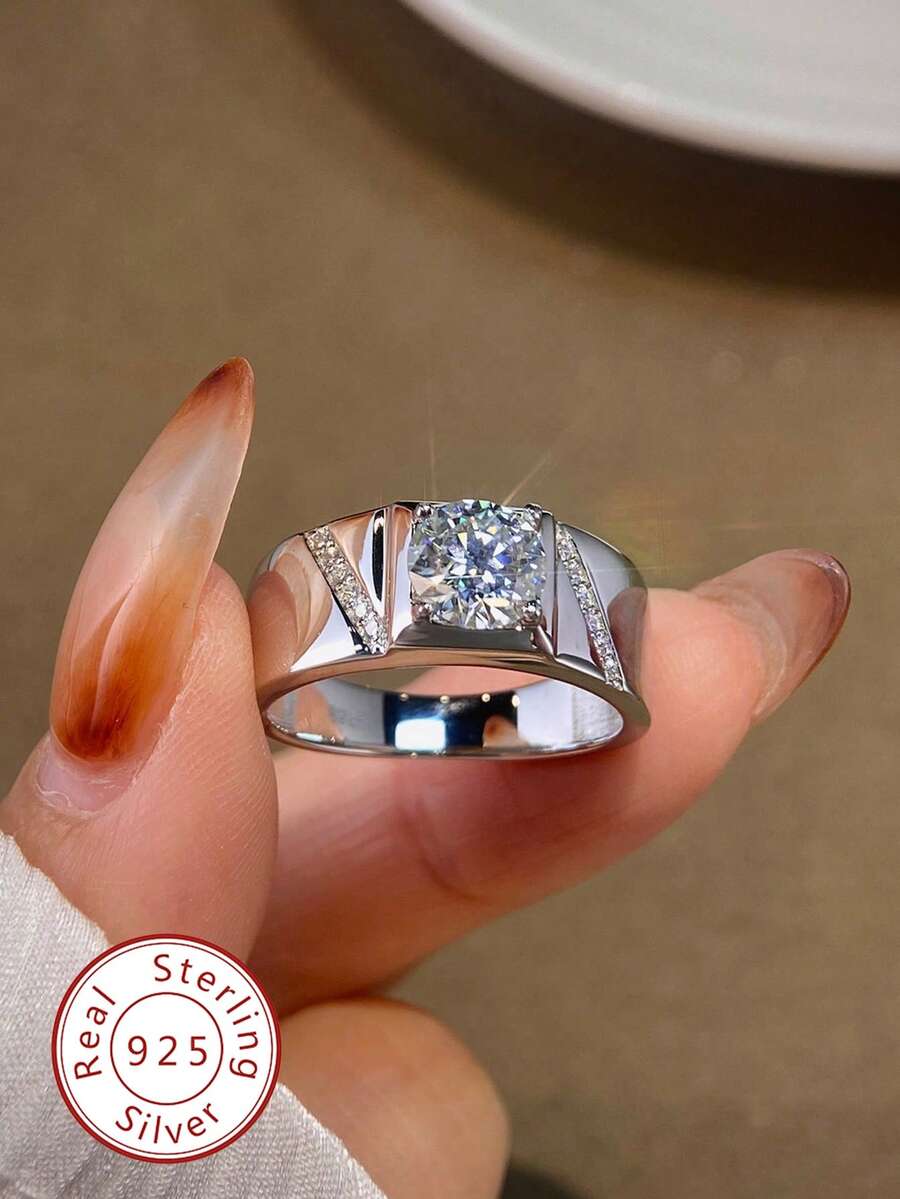 1pc 1 Carat Moissanite Engagement Ring, S925 Sterling Silver Commitment Ring, Eternal Ring, Anniversary Ring, Luxury Jewelry Gift For Men, Diamond Bridal Jewelry Ring