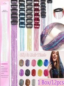 12 件/盒闪亮 20 英寸长直发绿色、银色、紫色、黄色、蓝色、粉色彩色发丝，夹式合成接发套装，适合女孩圣诞节、万圣节、派对、情人节、复活节、圣帕特里克节等场合佩戴。 - 查看 4