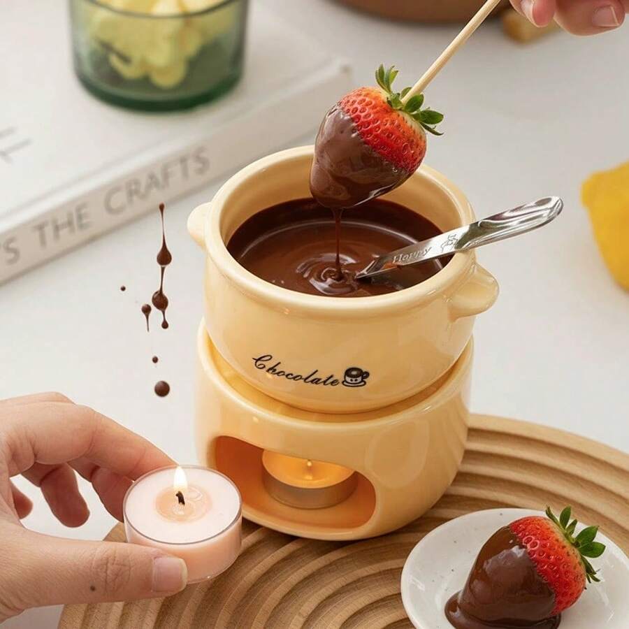 1 Set de Calentador de Fondue de Chocolate Cerámico, Set de Mini Olla Caliente Cerámica (Velas no incluidas) - Mini Taza Derretidora para Derretir Chocolate, Queso y Calentar Dulces - Set de Postre Compacto Ideal para Cita, Boda, Fiesta de Cumpleaños y Regalo de San Valentín - Fácil de Limpiar - Multicolor - Ver 1