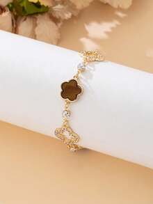 1pc Elegant Luxury Rhinestone Hollow Clover Brown Sweet Five-Leaf Clover Bracelet For Women - Brown - View 2
