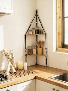 1 peça Prateleira de canto decorativa flutuante de parede em estilo boêmio preto, suporte triangular moderno para canto em estilo casa de campo com detalhes de contas e borlas, prateleira de armazenamento que economiza espaço para sala de estar, quarto, banheiro, cozinha, apartamento, dormitório, prateleira para plantas, estante de livros, decoração de parede para escritório em casa - Preto - Ver 5