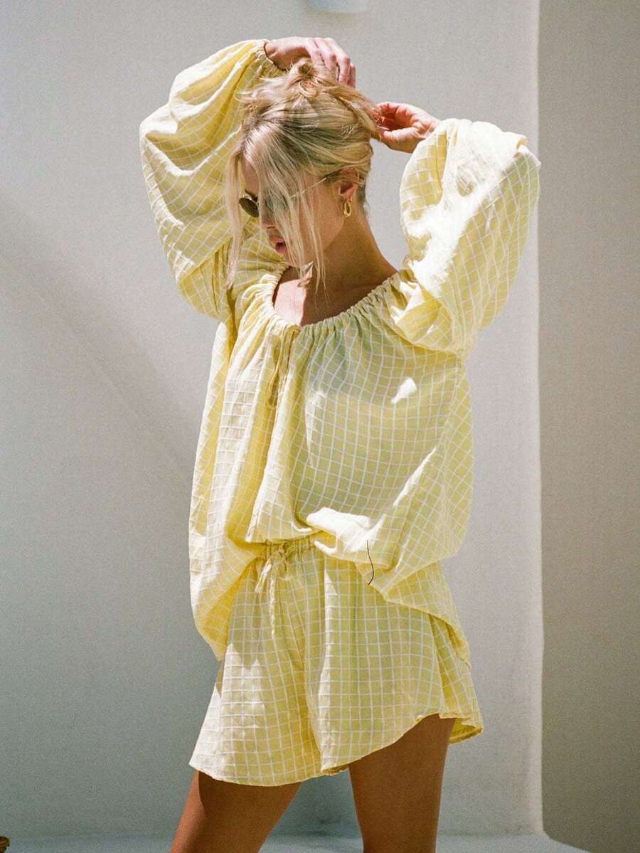 Women Plaid Outfit, Long Sleeve Tie-Up Crew Neck T-Shirt With Elastic Waist Shorts Summer Outfit - 黃色 - 查看 1