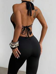 WOWDARK 女士夏季连体裤，黑色深V钩编设计露背吊带修身休闲连体裤，适合狂欢节、约会、聚会、派对、旅行、度假、海滩等场合。 - 黑色 - 查看 5