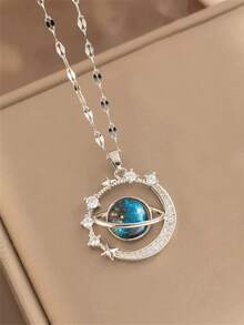 1pc Minimalist Elegant Starry Sky & Planet Fully Rhinestone Necklace, Luxury Delicate Choker Necklace, Unique Design Suitable For Women Daily & Festival Wear - Planet - View 1