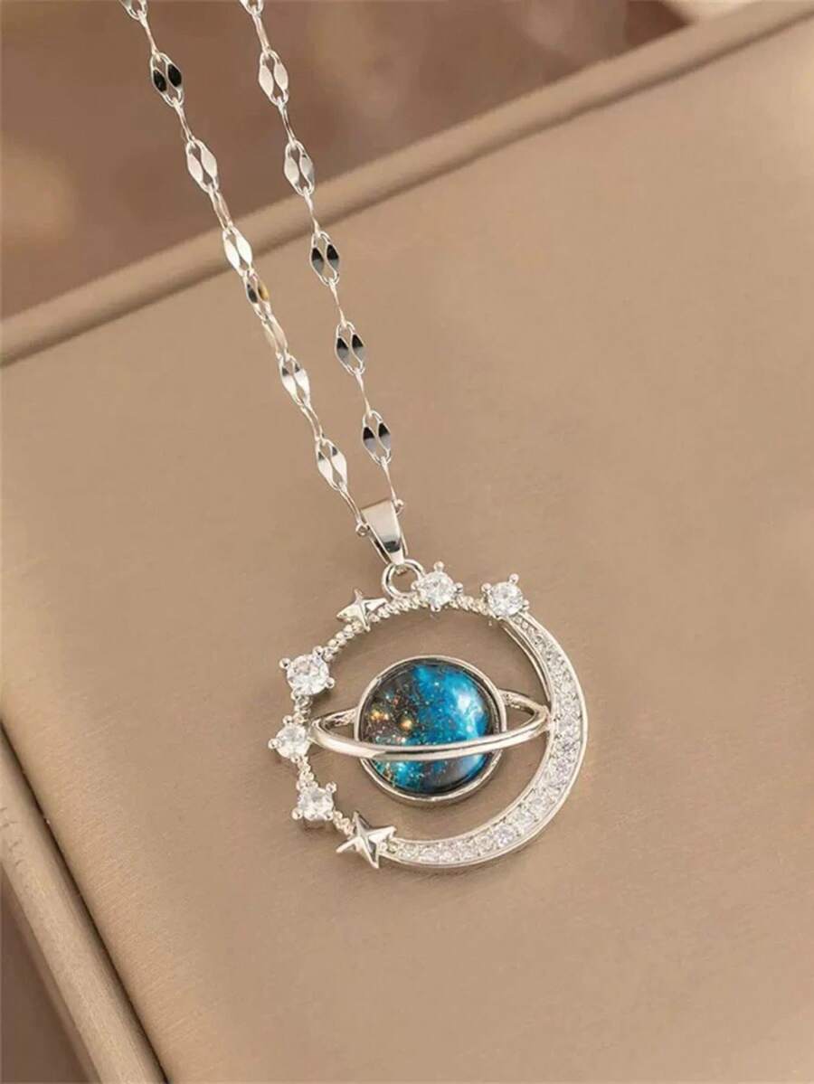 1pc Minimalist Elegant Starry Sky & Planet Fully Rhinestone Necklace, Luxury Delicate Choker Necklace, Unique Design Suitable For Women Daily & Festival Wear - Planet - View 1