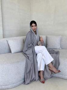 Minimalist Elegant Fashion Soft Glow Batwing Sleeve Abaya - Grey - View 6