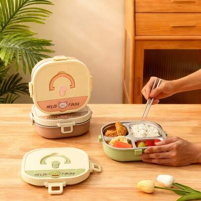 850/900ML 3/4 Compartments Portable Lunch Box With Cutlery & Handle , Cute Pattern Sealed Leak Proof 304 Stainless Steel Lunch Container Set, Large Capacity Divided Benot Box, Food Storage Container, Microwave&Dishwasher , Hot Water Heatable, Suitable For Student And Adult Use In School, Office, Outdoor Camping, Picnic, Travel