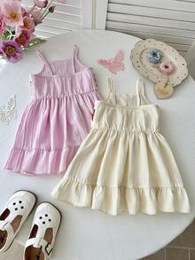 2pcs Girls' Spaghetti Strap Dress Set, Handmade Crochet Patchwork With Natural Vertical Striped Fabric, A-Line Skirt With Ruffle Hem, Lightweight And Breezy, Delicate And Sweet Style Suitable For Girls On Vacation Or Daily Wear - Multicolor - View 3