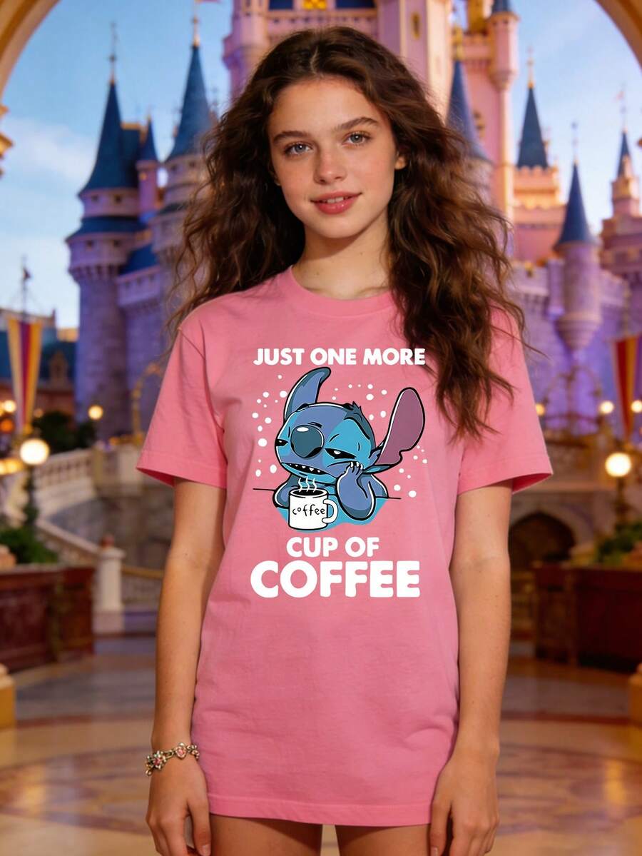 Disney Authorized Women's Casual Short Sleeve T-Shirt, Lilo & Stitch "Just One More Cup Of Coffee" Print, Cozy Casual Style, Breathable Comfortable Fabric, Machine Washable, All-Match For Daily Wear - Pink - View 1