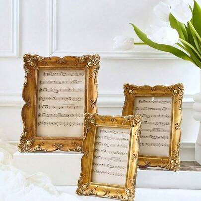 1pc Vintage Baroque Style Resin Embossed Photo Frame, Retro Gold Color Home Decor. Suitable For Displaying Photos On Desk, Can Be Placed Horizontally Or Vertically. Great Gift For Bedroom, Study, Office, Birthday, Graduation, Wedding Memento