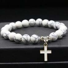 8mm Natural Stone Beaded Elastic Bracelet, Cross Couple Bracelet Set, Valentine's Day Jewelry - Cross - View 2