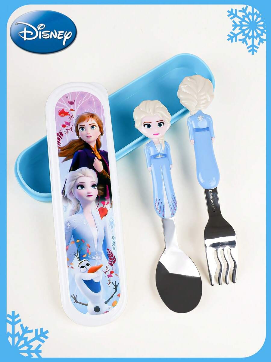 Disney 冰雪奇缘官方授权不锈钢叉勺套装，艾莎、安娜、雪宝卡通主题餐具套装，带收纳盒，便携式餐具套装，旅行餐具套装，午餐盒必备，可水洗可重复使用，儿童叉勺套装，1件装， - 彩色 - 查看 1