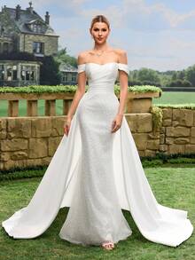 Women's Off-Shoulder Elegant Romantic Floor-Length Wedding Dress - White - View 5