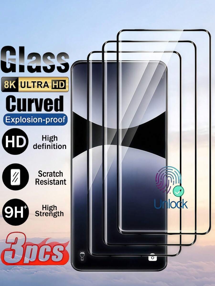 3 piezas Película de vidrio templado transparente 3D curvo Ultra HD a prueba de explosiones y resistente a los arañazos, compatible con reconocimiento de huellas dactilares, compatible con Samsung Galaxy S26 S25 S24 S23 Ultra/ Reno////// Compatible con Xiaomi, protector de pantalla de 9H de dureza