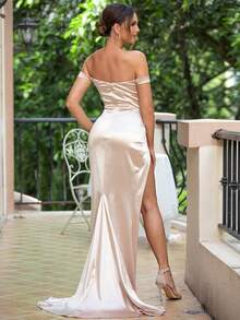 LOVE&LEMONADE Apricot Satin One-Shoulder Ruched Sweetheart Neck High Slit Maxi Party Evening Dress For Women - Apricot - View 6