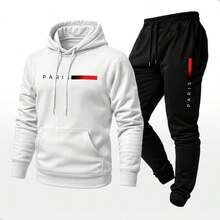 Unisex Paris Print Sweatshirt And Hoodie Set With Kangaroo Pocket - White - View 1