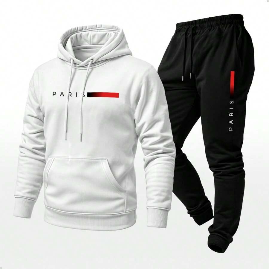 Unisex Paris Print Sweatshirt And Hoodie Set With Kangaroo Pocket - White - View 1