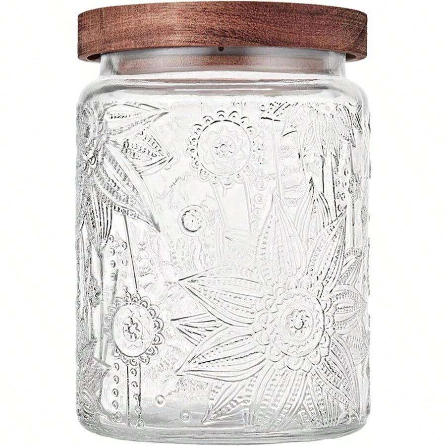 23.7 Fl Oz Vintage Glass Jar With Wooden Lid, Airtight Decorative Food Storage Canisters For Kitchen Counter, Ideal For Candy, Sugar, Coffee, Salt, Tea - Nhiều màu - Xem 1