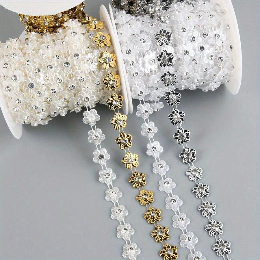1pc 1.2cm/0.47in Width Elegant Double Line Plastic Rounded Flower With Rhinestones Beaded Chain Trim Garland For Sewing Bridal Dress Decor Weddings Party Home Decor, DIY Creative Decorations, Jewelry Making Kits (91cm/35.8in Per Pack) - Chain - View 1