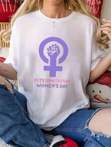 1 Camiseta de Manga Corta para Mujer | Diseño Exclusivo del Día Internacional de la Mujer, Cuello Redondo a la Moda, Estampado Elegante, Tejido Suave con Elasticidad Media, Lavable a Máquina, Adecuada para Todas las Estaciones - [Blanco] - Ver 1