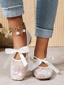 蝴蝶结方头女士平底鞋，时尚镂空透气蕾丝网面平底鞋，温柔优雅的玛丽珍芭蕾舞鞋 - 白色圓花 - 查看 4