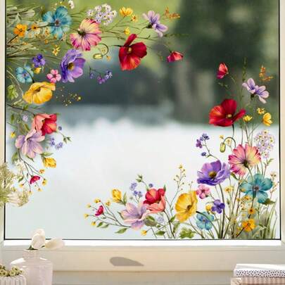 1 Stück Blumen Garten Fensteraufkleber, Frühlings Wildblumen Fenster Dekoration, geeignet für Schlafzimmer, Wohnzimmer, TV, Büro, Heimdekoration, abnehmbarer Fensteraufkleber
