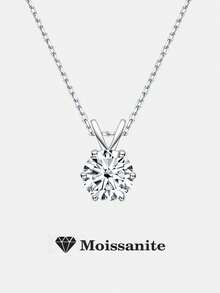 1 件时尚百搭 925 银 1 克拉莫桑石 6 爪吊坠项链，适合女性日常佩戴、派对、度假、情人节、圣诞节、女士珠宝礼物 - 銀色 - 查看 1