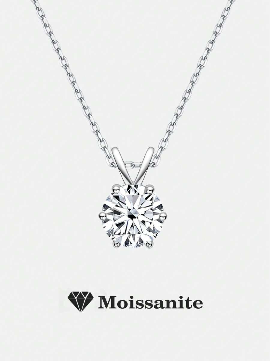 1 件时尚百搭 925 银 1 克拉莫桑石 6 爪吊坠项链，适合女性日常佩戴、派对、度假、情人节、圣诞节、女士珠宝礼物 - 銀色 - 查看 1