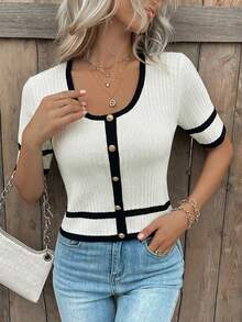 Áo thun dệt kim thời trang nữ thanh lịch, kiểu dáng thường ngày, tay ngắn, cài nút, phối màu tương phản, dáng ôm, tối giản phong cách cổ điển, thích hợp cho mùa tựu trường, mùa thu, phong cách đường phố thu đông, cũng phù hợp cho các dịp Giáng sinh, Lễ Tạ ơn và Năm mới. - Màu be - Xem 6