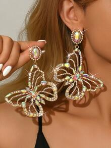 2 件复古镂空彩色蝴蝶耳环，镶嵌闪亮水钻，女士优雅蝴蝶吊坠耳环 - 玫紅色 - 查看 11