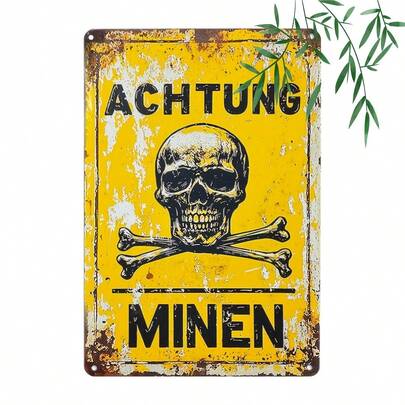 Vintage 'Achtung Minen' Metal Tin Sign (12x8 Inches) - German Warning Zone Wall Art For Home, Bar, Cafe & Garage Decor