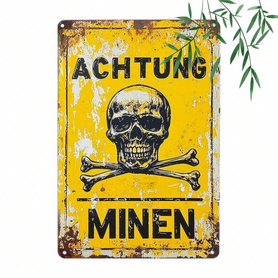 Vintage 'Achtung Minen' Metal Tin Sign (12x8 Inches) - German Warning Zone Wall Art For Home, Bar, Cafe & Garage Decor - A - View 1
