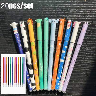 20pcs New Animal Shaped Erasable Gel Pen Set, Includes 8 Pens With Various Color Inks, 12 Refill Cartridges, Suitable For Writing, Drawing, Marking, Doodling, Great For Student Rewards And Back To School Gifts