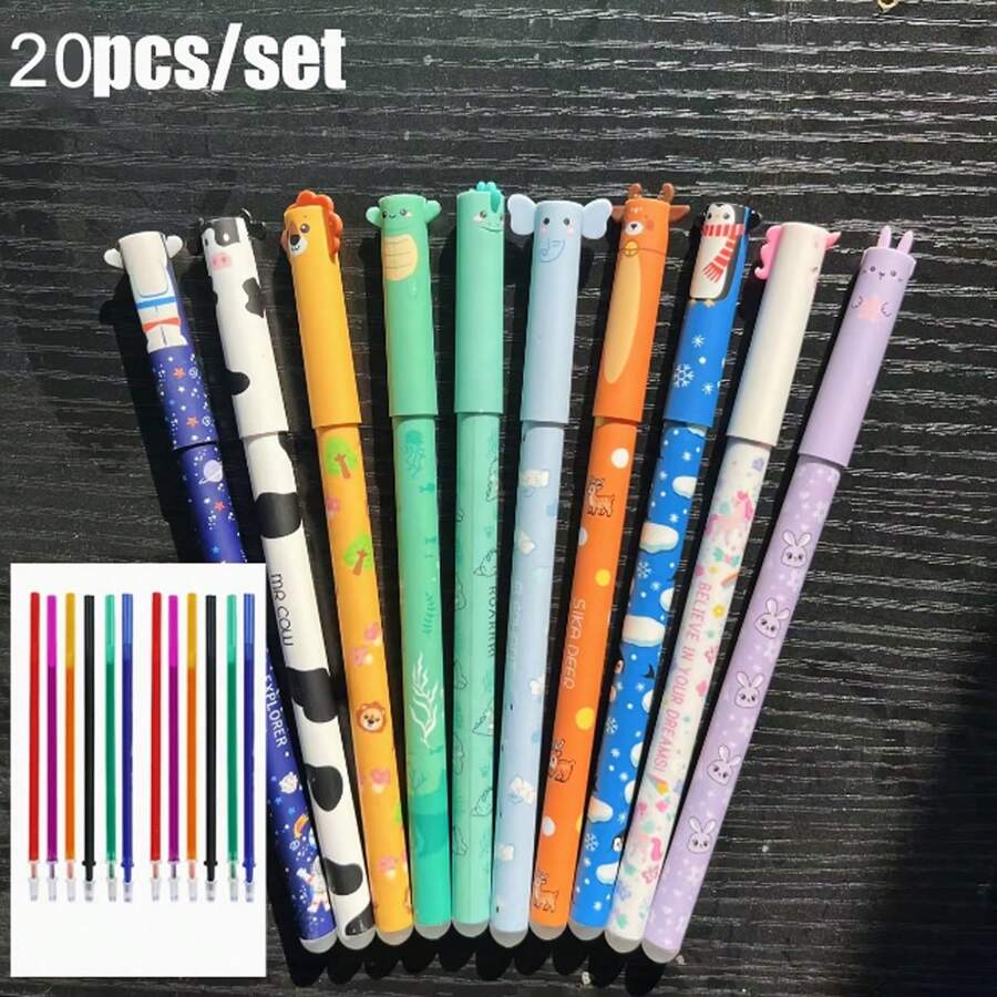 Bộ 20 bút bi gel hình động vật có thể xóa được, bao gồm 8 bút với nhiều màu mực khác nhau, 12 ruột bút thay thế, thích hợp để viết, vẽ, đánh dấu, phác thảo, tuyệt vời để khen thưởng học sinh và làm quà tặng tựu trường. - Nhiều màu - Xem 1
