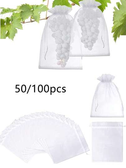 50/100 piezas Bolsas de malla blanca con cordón, adecuadas para uvas, mangos, verduras, etc.