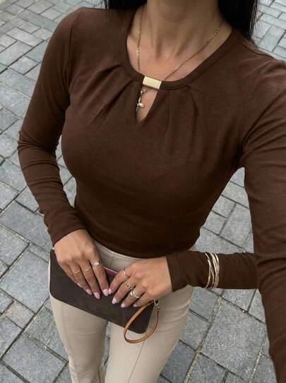 Buzzelle Women's Solid Color Knit Fabric Hollow Out Chest Ruched T-Shirt, Suitable For Daily Wear, Night Out, Street Style In Winter, Brown Top, Elegant Women's Top