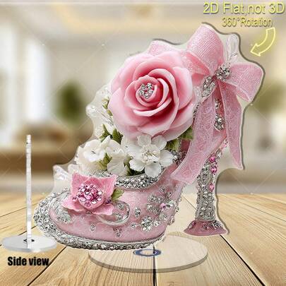 Rotating 2D Acrylic Pink High Heel Figurine, Sparkling Decorative Heel, White Rose And Lace Bow - Wedding, Gift Display Decor, 360° Rotating Shoe Replica (No Assembly Required)