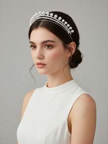 1件银色珍珠水钻双层皇冠，经典新娘婚礼头饰，正式场合皇冠 - 銀色 - 查看 6