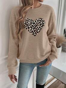 豹纹爱心图案休闲舒适T恤，适合秋冬季节、返校季、2026年开学第一天穿着。 - 駝色 - 查看 6