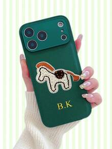 Personalized Litchi Pattern Embroidered Puppy Faux Leather Phone Case, 3D DIY Engraved Letters Initials Name Soft Leather Cover Compatible With 17 16 15 14 13 12 11 Pro Max, Full Camera Protection Anti-Drop Case, Couple Phone Case - Multicolor - View 9