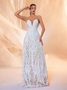 LOVE&LEMONADE Sexy V-Neck Halter Mesh Sequin Backless Criss-Cross Tie Long Party Evening Dress (Front Top Half, Back Random Floral Pattern, Not Matched) Spring Wedding - Apricot - View 5