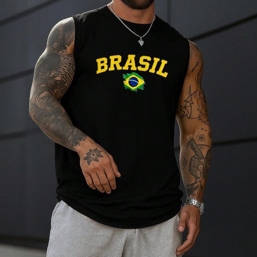 Men's Tank Top, Macho Style, Brazil, Gym, Workout, Fitness T-Shirt, Streetwear - Negro - Ver 1