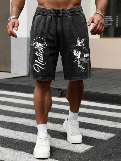 “复古海报”男士夏季水洗做旧休闲短裤