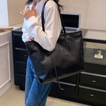 1pc Black Large Capacity Soft Leather Litchi Grain Tote Bag, Underarm Shoulder Bag, Student Laptop Bag, Travel Shopping Bag