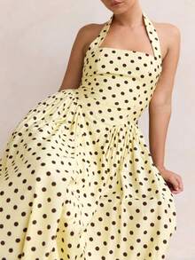 Women's Polka Dot Halter Neck Maxi Dress, Square Neck Sleeveless Backless Flared Long Dress With Pockets, Vintage Bohemian Style For Beach Vacation Casual Party, Spring Summer Elegant Occasion - Màu vàng - Xem 5