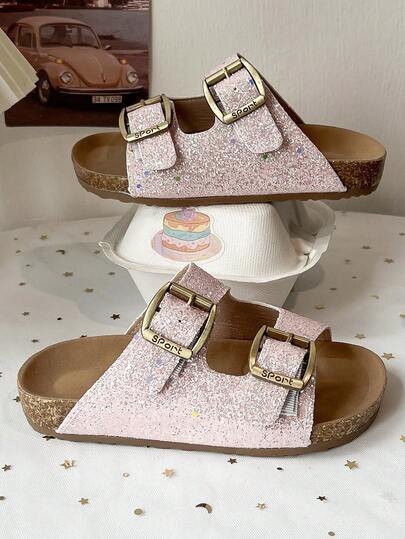 Glitter Kids Slide Sandals - Faux Suede Upper & Soft Cork Sole, Comfortable Indoor/Outdoor