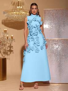 MODPHY 新款优雅 3D 立体花卉装饰修身高领无袖蝴蝶结缎带连衣裙，适合婚礼宾客、伴娘、节日派对、正式晚礼服 - 藍色 - 查看 1