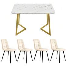 117cm Dining Table With 4 Chairs Set, Rectangular Dining Table, Modern Kitchen Table Set, Beige Velvet Dining Chair, Gold Table Legs - Apricot - View 4